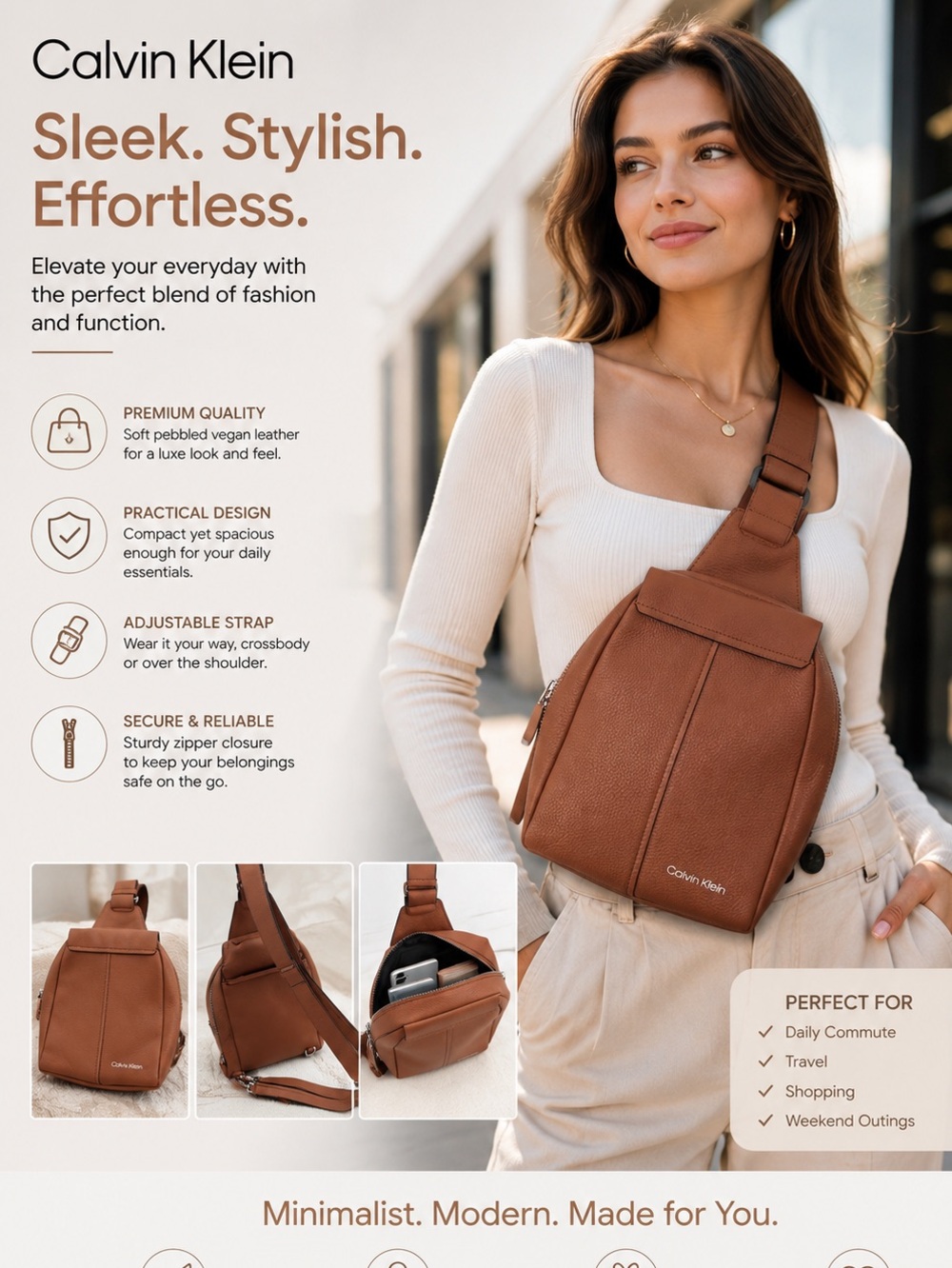 Calvin Klein Tan Leather Sling Pack - Picture 6 of 6
